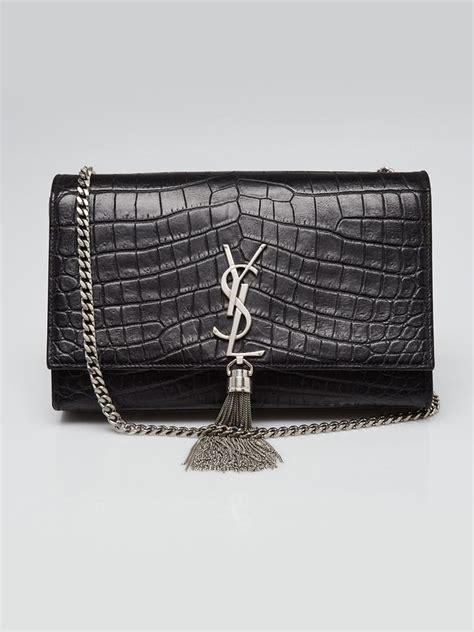 Yves Saint Laurent Black Croc Embossed Leather Monogram 